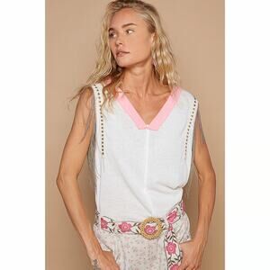 POL White and Pink Tank Top with Silver Fringe – Size Small